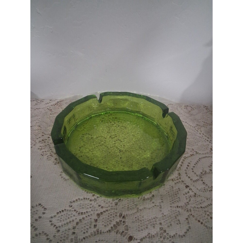 Vintage Large  Blenko Round Art Glass Green Textured Ashtray 7.75"